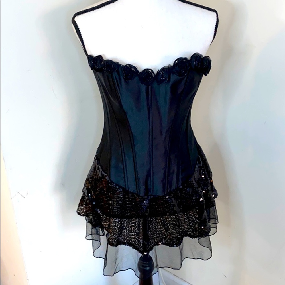 Black corset with sequined skirt and black roses